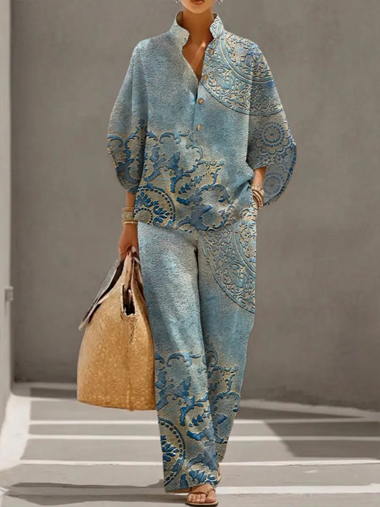 Women's Retro Floral Art Print Casual 3/4 Sleeve Top And Pants Cotton Linen Suits