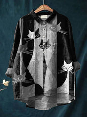Women's Geometry Black Cat Animal Art Print Casual Cotton And Linen Shirt