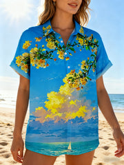 Women's Moisture-wicking Beach Floral Scenery Chest Pocket Hawaiian Shirt
