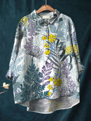 Women's long sleeved retro printed casual cotton and linen shirt
