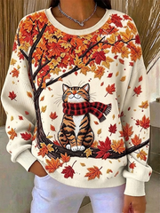 Casual Cat Crew Neck Long Sleeve Sweatshirt