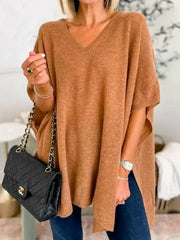Women's Bat Sleeve Solid Color V-Neck Pullover Poncho Sweater