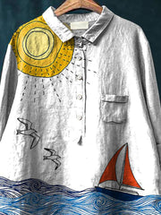 Sailing Little Boat Art Printed Women's Casual Cotton And Linen Shirt