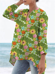 Women's Flower Print Casual Linen V-neck Shirt