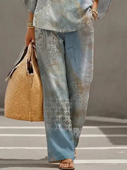 Women's Retro Floral Art Print Casual 3/4 Sleeve Top And Pants Cotton Linen Suits