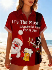 Women's Moisture-wicking Christmas Santa Claus Reindeer Beer Chest Pocket Bowling beach wearShirt