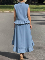 Women's Stand-up Collar Sleeveless Casual Loose Denim Top And High-waisted Casual Loose A-line Skirt Denim Set