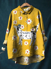 Simple Cartoon Spotted Dog With Daisy Print Cotton And Linen Shirt