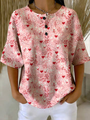 Women's Vintage Flower Love Pattern Printed Casual Cotton Waffle Knit Sweatshirt