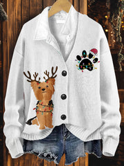 Dog Art Print Button V Neck Cardigan Sweater