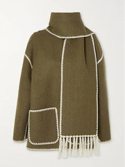 Women's Thickened Loose Woolen Coat with Scarf and Tassels