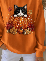 Casual Cat Crew Neck Long Sleeve Sweatshirt