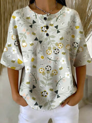 Women's Vintage Flower Pattern Printed Casual Cotton Waffle Knit Sweatshirt