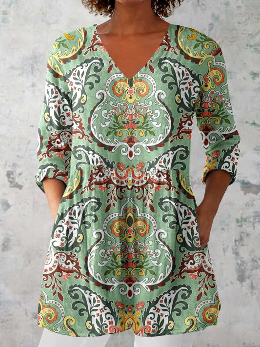 Women's Classic Retro V Neck Floral Pattern Top