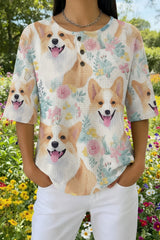 Womens Pastel Puppy Print Casual Waffle Cotton Shirt