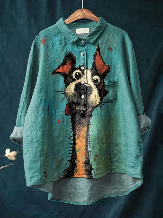 Curious Dog Painting Printed Women's Casual Cotton And Linen Shirt