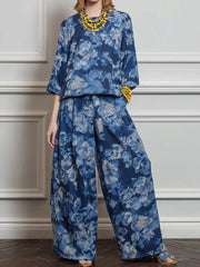 Women's Loose-fit Cotton-linen Top & High-waisted Wide-leg Pants Set