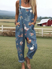Women's Lovely Farm Animals Art Print Casual Cotton Wide Leg Jumpsuit