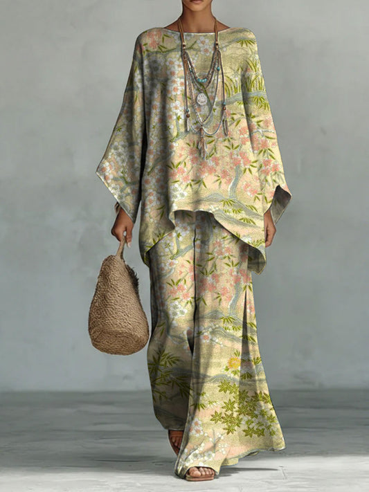 Women's Vintage Floral Art Comfortable Loose Cotton Linen Wide-leg Pants Two-piece Set