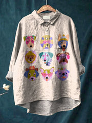 Cartoon Puppy Dog Graphic Printed Women's Casual Cotton And Linen Shirt