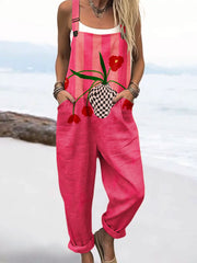 Women's Vintage Floral Art Print Casual Cotton Wide Leg Jumpsuit
