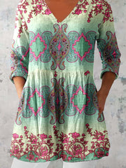 Women's Ethnic Geometric Print V-neck Top