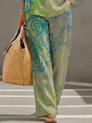 Women's Retro Floral Art Print Casual 3/4 Sleeve Top And Pants Cotton Linen Suits