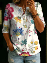 Women’s Floral Pattern Art Casual Classic Henley Collar Cotton T-shirt