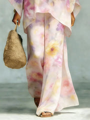 Women's Vintage Floral Art Comfortable Loose Cotton Linen Wide-leg Pants Two-piece Set