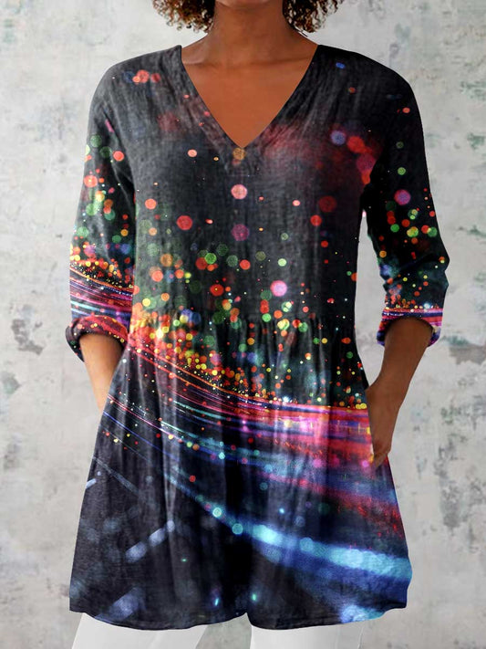 Women's Art Color Dot Print V-Neck Top