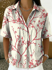 Women's Vintage Botanical Floral Casual Polo Collar Short-sleeved Linen And Cotton Shirt