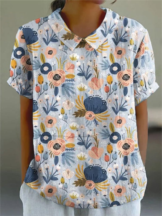 Women's Flower Art Print Casual Cotton And Linen Shirt