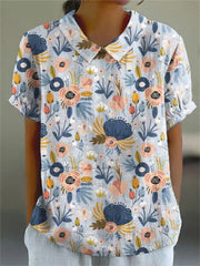 Women's Flower Art Print Casual Cotton And Linen Shirt