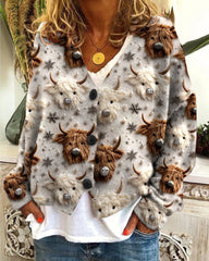 Highland Cattle Print Buttoned Casual Cardigan Sweater
