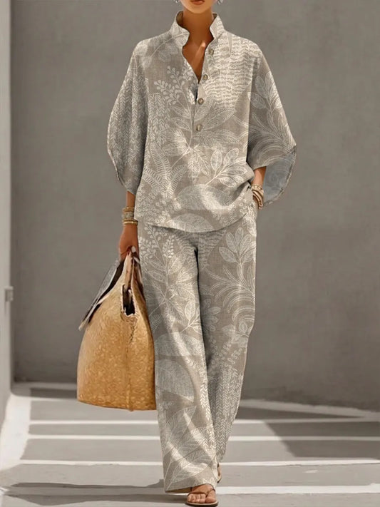 Women's Retro Floral Art Print Casual 3/4 Sleeve Top And Pants Cotton Linen Suits