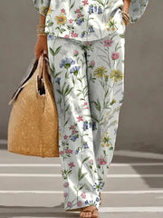 Women's Retro Floral Art Print Casual 3/4 Sleeve Top And Pants Cotton Linen Suits