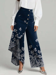 Women's Floral Art Print High-waisted Relaxed Fit Wide-leg Jeans With A Stylish Design.