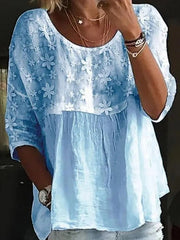 Women's Lace Embroidery Patchwork Loose Crew Neck Split Joint Shirt