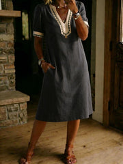 Casual Loose-fitting Patchwork Lace Trim Linen And Cotton Short-sleeved Dress