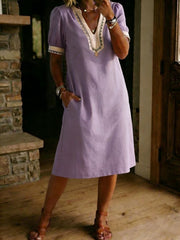 Casual Loose-fitting Patchwork Lace Trim Linen And Cotton Short-sleeved Dress