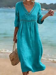 Women's Solid Color Retro Casual Stylish Vacation Cotton Dress