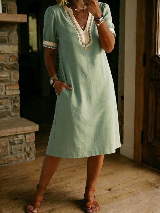 Casual Loose-fitting Patchwork Lace Trim Linen And Cotton Short-sleeved Dress