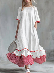 Women’s Patchwork Striped Midi Dress – Casual Yellow Summer Dress