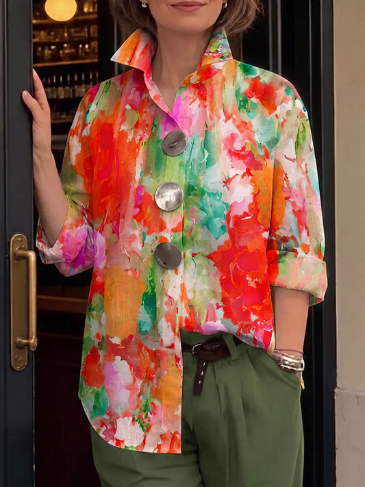 Artistic Watercolor Palette Print Metal-button Casual Retro Shirt