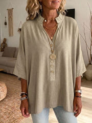 Women's Solid-color V-neck Short sleeve Casual Loose Cotton-linen Top