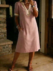 Casual Loose-fitting Patchwork Lace Trim Linen And Cotton Short-sleeved Dress