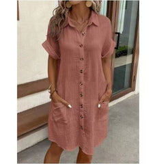 Casual solid color cotton linen button-down long short sleeve loose shirt dress
