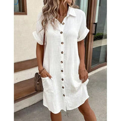 Casual solid color cotton linen button-down long short sleeve loose shirt dress