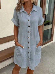Casual solid color cotton linen button-down long short sleeve loose shirt dress