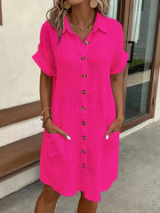 Casual solid color cotton linen button-down long short sleeve loose shirt dress